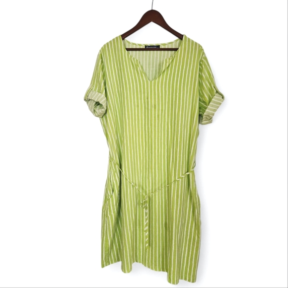 Navigazione German Linen Green Striped Short Sleeve Belted Shift Dress 44/14 - Picture 1 of 9